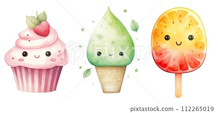 Watercolor illustration of cute, smiling desserts: cupcake, ice cream and popsicle, isolated on white background. 112265019