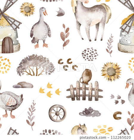 Farm animals watercolor seamless pattern. Cute cow, goose and horse cartoon nursery. Illustration of haystack harvesting. Hand drawn child background. Childish fabric farmland. 112265020
