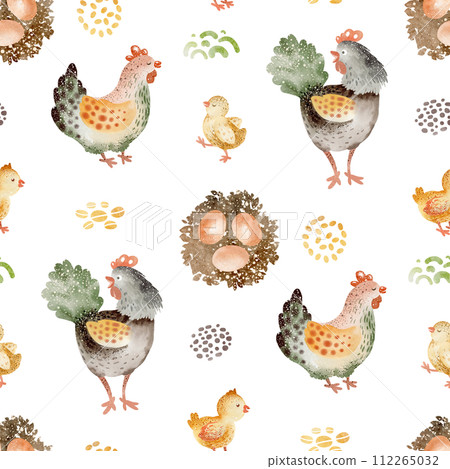 Farm animals watercolor seamless pattern. Cute cow, goose and horse cartoon nursery. Illustration of haystack harvesting. Hand drawn child background. Childish fabric farmland. 112265032