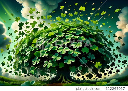 Abstract green background for St. Patrick's Day, decorated with shamrock leaves. 112265037
