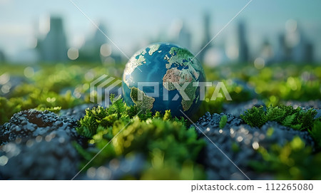 AI-generated content. A small globe rests on a vibrant green land with terrestrial plants and grass. A bird flies overhead in the natural landscape, surrounded by trees and forests with electric blue AI-generated content. A small globe rests on a vibrant green land with terrestrial plants and grass. A bird flies overhead in the natural landscape, surrounded by trees and forests with electric blue 112265080