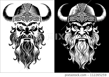 Viking Warrior Man Strong Mascot Face in Helmet 112265259