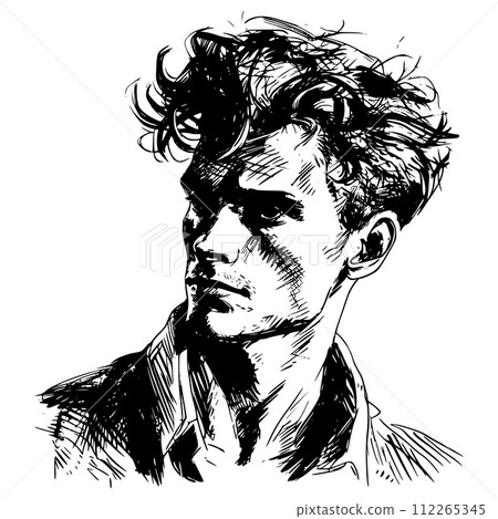 AI-generated content. Man portrait in hand drawing or engraving style. 60s styled beautiful comic book character, in black and white 112265345