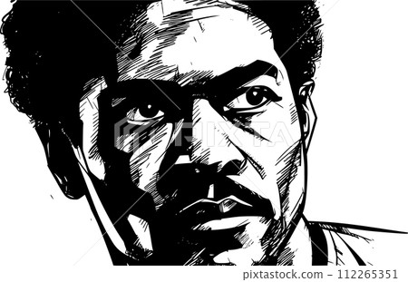 AI-generated content. Man portrait in hand drawing or engraving style. 60s styled beautiful comic book character, in black and white 112265351