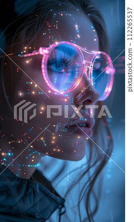 Close-up of woman digital eye with dot network flying through. Artificial intelligence technology. AI Generative 112265537