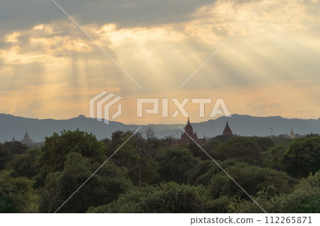 Burmese temples of Bagan City from a balloon, unesco world heritage with forest trees, Myanmar or Burma. Tourist destination. 112265871