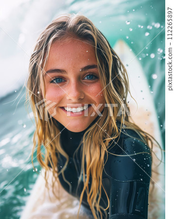 Woman athlete with surfboard among the waves on the beach, sport concept Woman athlete with surfboard among the waves on the beach, sport concept 112265897