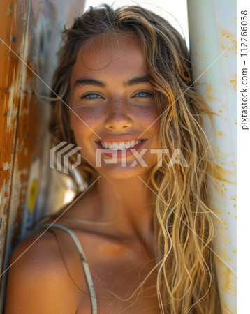 Woman athlete with surfboard among the waves on the beach, sport concept 112266038