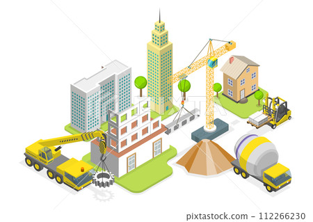3D Isometric Flat  Conceptual Illustration of Construction and Development, House Building Site 112266230