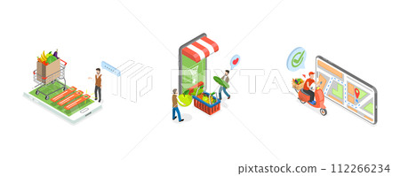 3D Isometric Flat Conceptual Illustration of Veggie Delivery, Vegetable and Fruits Farmers Online Shop 3D Isometric Flat Conceptual Illustration of Veggie Delivery, Vegetable and Fruits Farmers Online Shop 112266234