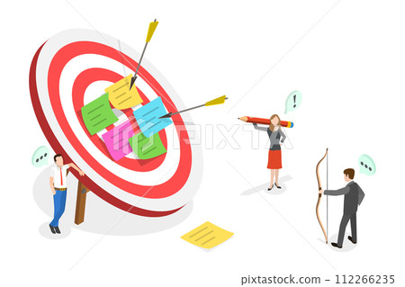 3D Isometric Flat Conceptual Illustration of Goal Setting, Finance Target and Solution Searching 3D Isometric Flat Conceptual Illustration of Goal Setting, Finance Target and Solution Searching 112266235