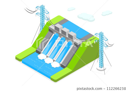 3D Isometric Flat Conceptual Illustration of Hydroelectricity, Dam with Water for Electricity Producing 3D Isometric Flat Conceptual Illustration of Hydroelectricity, Dam with Water for Electricity Producing 112266238