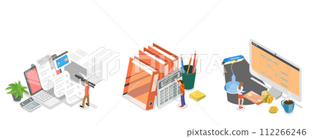 3D Isometric Flat  Conceptual Illustration of Accounting and Financial Management , Income Tax Filing 112266246