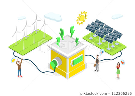 3D Isometric Flat Conceptual Illustration of Alternative Resources, Backup Power Green Energy Storage System 3D Isometric Flat Conceptual Illustration of Alternative Resources, Backup Power Green Energy Storage System 112266256