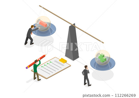 3D Isometric Flat  Conceptual Illustration of Pros And Cons, Choice Between Positive and Negative Arguments 112266269