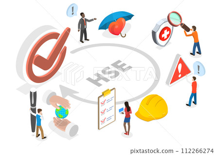 3D Isometric Flat Conceptual Illustration of HSE stands for Health Safety Environment, Company Labor Force Work Protection and Risk Awareness 3D Isometric Flat Conceptual Illustration of HSE stands for Health Safety Environment, Company Labor Force Work Protection and Risk Awareness 112266274