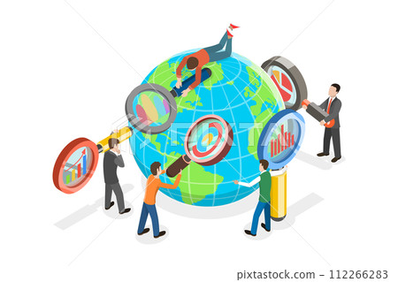 3D Isometric Flat  Conceptual Illustration of Global Market Analysis, Globalization and International Trade 112266283
