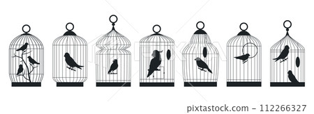Metal birds cages silhouettes. Birds cages with domestic birds, finch, cockatoo, canary and budgie sitting in cages flat vector illustration set. Cages silhouette collection 112266327
