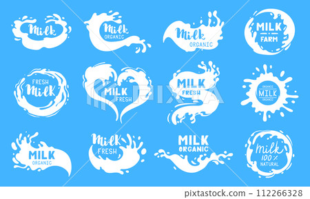 Milk splash labels. Cartoon cow or goat milk flows logos, white dairy product splash drops with lettering flat vector illustration set. Fresh milky splash logo collection Milk splash labels. Cartoon cow or goat milk flows logos, white dairy product splash drops with lettering flat vector illustration set. Fresh milky splash logo collection 112266328