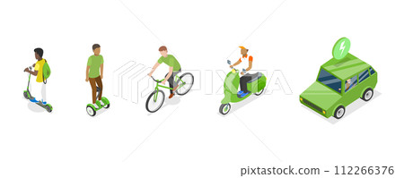 3D Isometric Flat  Conceptual Illustration of Green Energy Transport Set 112266376