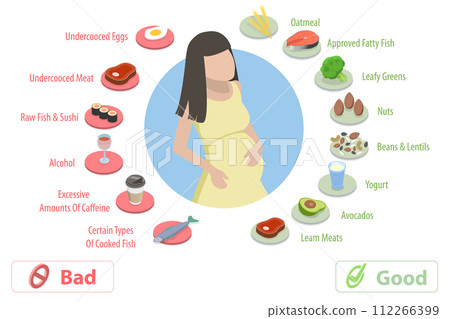 3D Isometric Flat Conceptual Illustration of Nutrition During Pregnancy 3D Isometric Flat Conceptual Illustration of Nutrition During Pregnancy 112266399