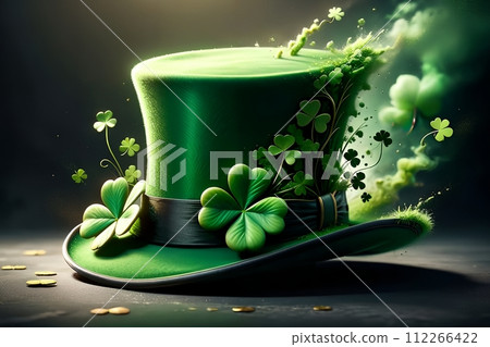 Abstract green background for St. Patrick's Day, hat decorated with shamrock leaves. Abstract green background for St. Patrick's Day, hat decorated with shamrock leaves. 112266422