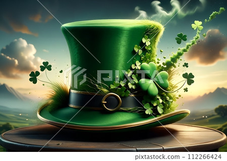 Abstract green background for St. Patrick's Day, hat decorated with shamrock leaves. 112266424