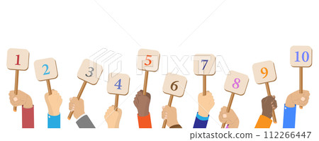 Flat  Conceptual Illustration of Hands Holding Scorecards 112266447
