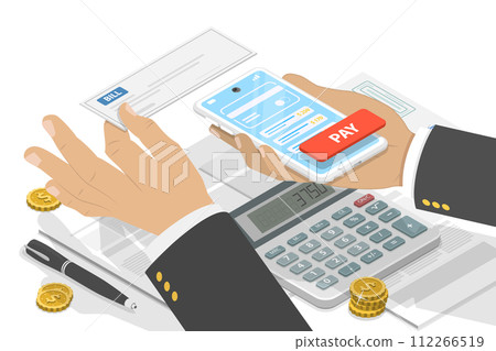 3D Isometric Flat Conceptual Illustration of Bill Online Payment 3D Isometric Flat Conceptual Illustration of Bill Online Payment 112266519