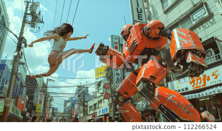 Girl trying to jump kick a robot 112266524