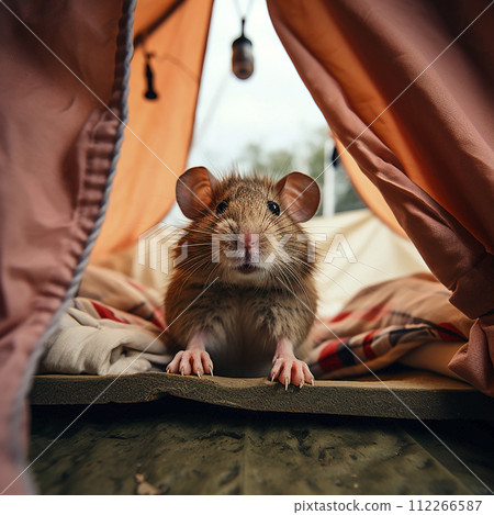 A curious rat stands at the entrance of a tent, peeking out into the surrounding area. Its front paws rest on the tents groundsheet, while warm blankets can be seen inside the tent, suggesting a comfo 112266587