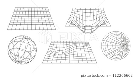 Set of vector grids, y2k design elements. Plane, sphere, funnel Set of vector grids, y2k design elements. Plane, sphere, funnel 112266602