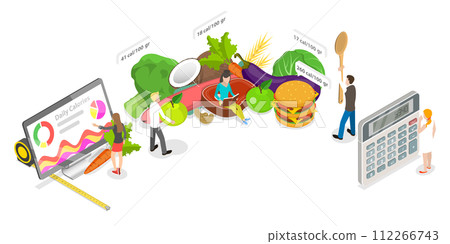 3D Isometric Flat  Conceptual Illustration of Calorie Calculator 112266743