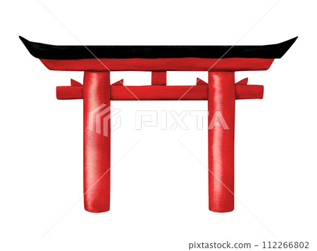 Japanese traditional Torii Gate red color. Watercolor Illustration Japan traditional Landmark isolated on white background 112266802