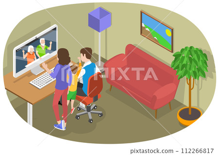 3D Isometric Flat Conceptual Illustration of Family Video Call 3D Isometric Flat Conceptual Illustration of Family Video Call 112266817