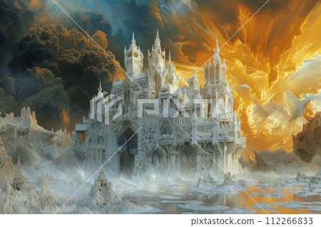 At Ragnaroks dawn worlds clash a cream castle against a backdrop of anger standing tall and unyielding 112266833