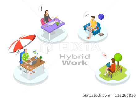 3D Isometric Flat Conceptual Illustration of Hybrid Work 3D Isometric Flat Conceptual Illustration of Hybrid Work 112266836