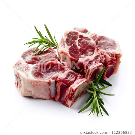Raw crude meat with rosemary on white backgrounds Raw crude meat with rosemary on white backgrounds 112266883