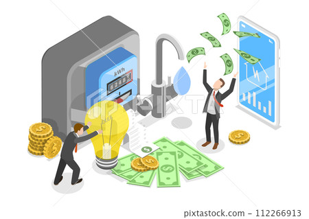 3D Isometric Flat  Conceptual Illustration of Water And Electricity Consumption Expenses 112266913