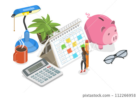 3D Isometric Flat  Conceptual Illustration of Mortgage Affordability Calculator 112266958