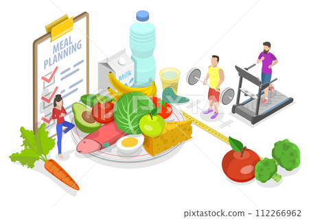 3D Isometric Flat  Conceptual Illustration of Meal Planning 112266962