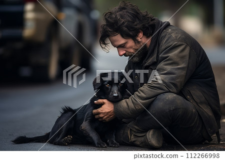 Shelter pets comforting homeless individuals living on the streets 112266998