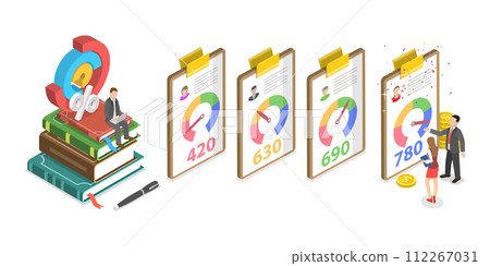 3D Isometric Flat  Conceptual Illustration of Improving Credit Score Rating 112267031