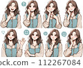 穿著休閒服的女性各種面部表情和手勢的插圖 112267084