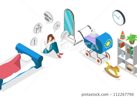 3D Isometric Flat  Conceptual Illustration of Postpartum Depression 112267798