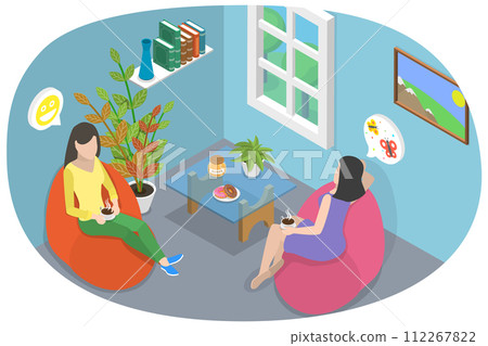3D Isometric Flat  Conceptual Illustration of Drinking Tea With Friend 112267822