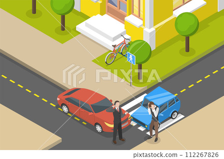 3D Isometric Flat  Conceptual Illustration of Car Road Accident 112267826