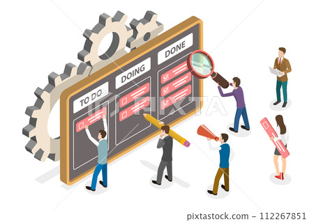 3D Isometric Flat  Conceptual Illustration of Kamban Software Development Methodology, Project Management System 112267851