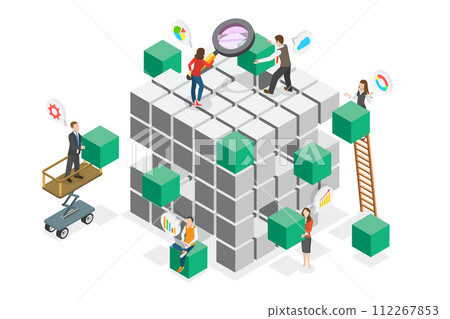 3D Isometric Flat  Conceptual Illustration of OLAP, Multi Dimensional Approach for Databases and Data Mining 112267853