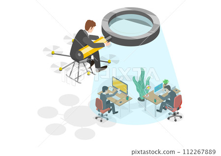 3D Isometric Flat  Conceptual Illustration of Boss Spying at Work, Corporate Control 112267889